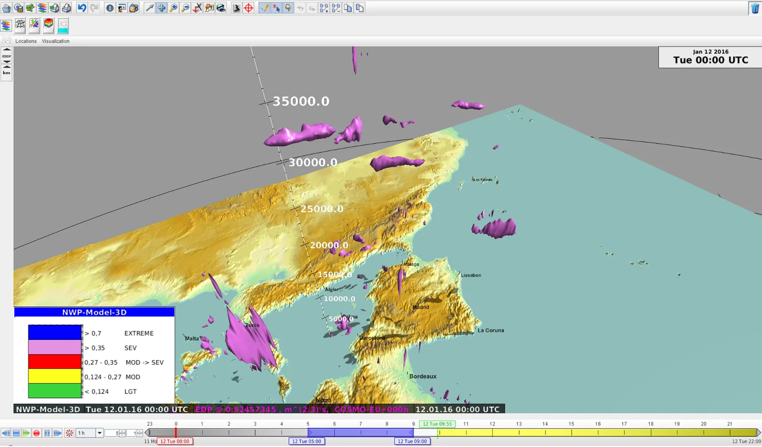 NinJo 3D visualisation of weather data over a terrain model