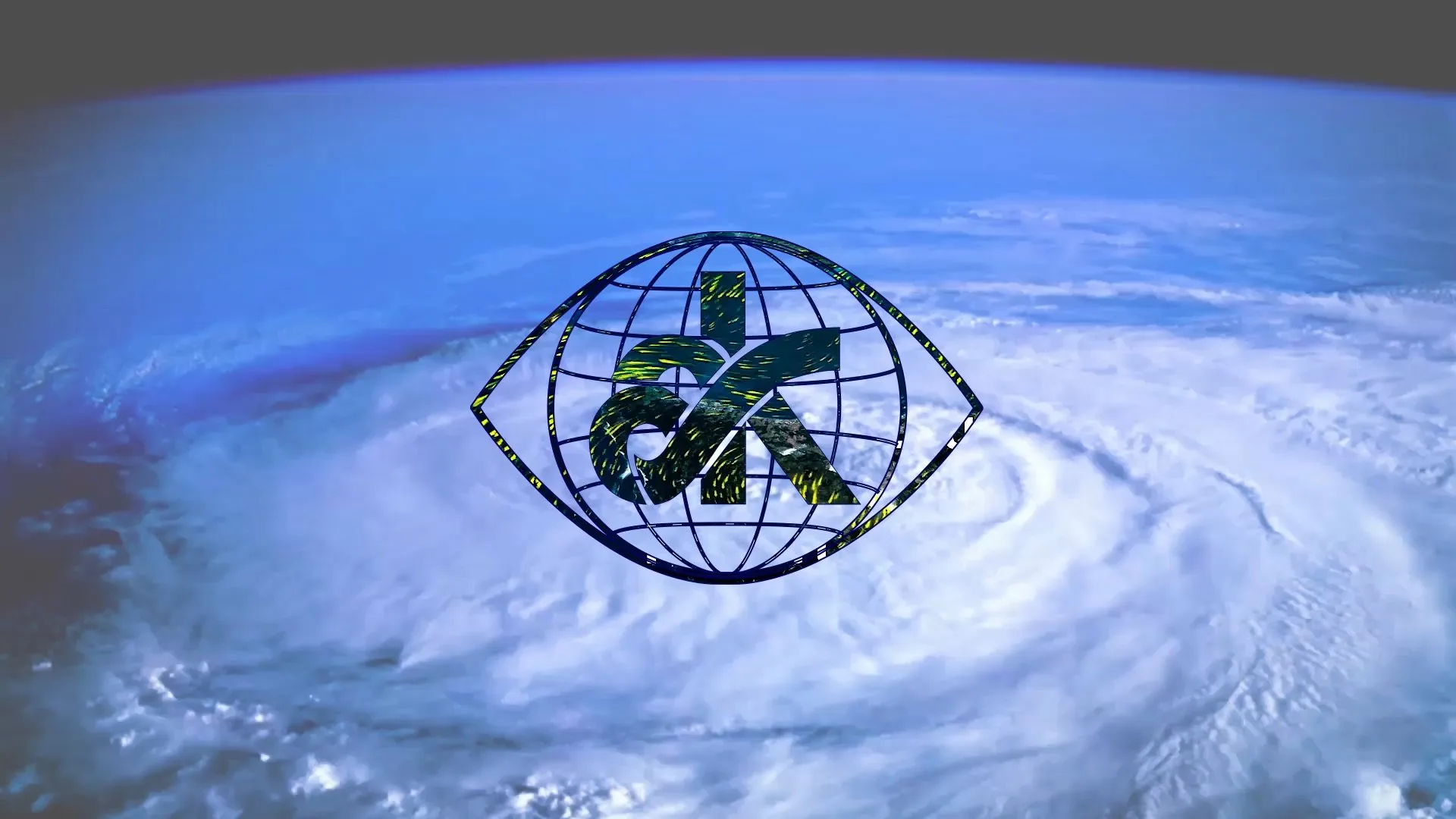 ask logo above a hurricane seen from space