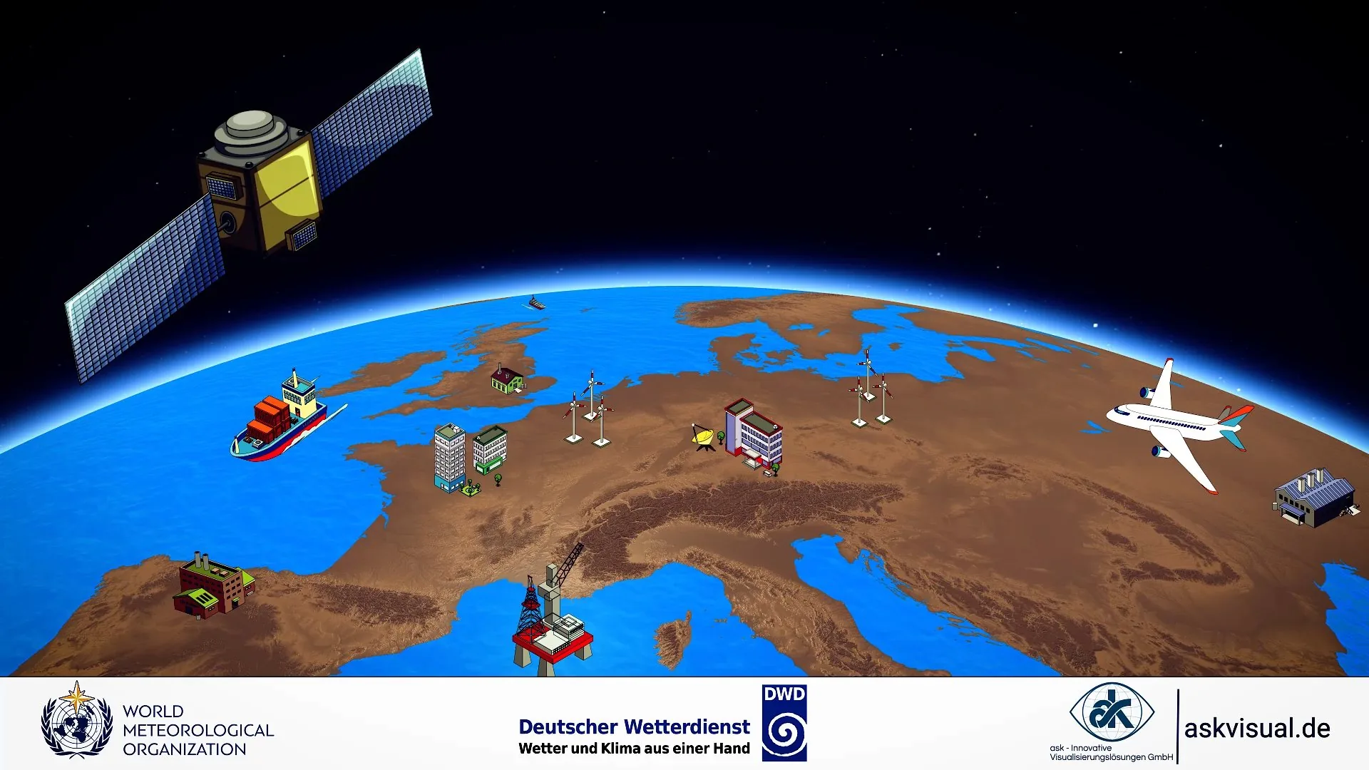 Illustration of the WMO Information System with a satellite, ships and aircraft above the globe