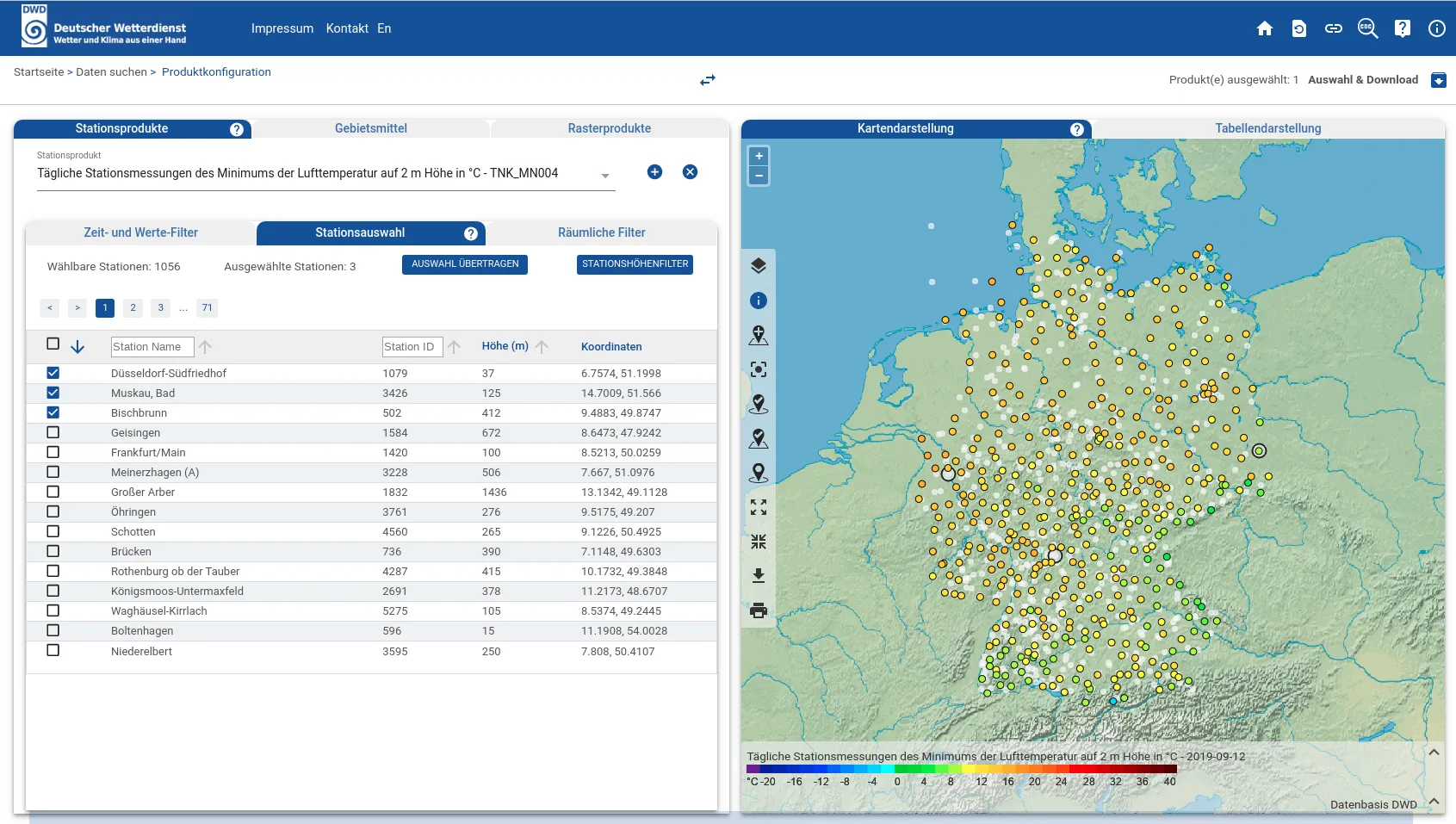Climate Data Center web application with a station map of Germany