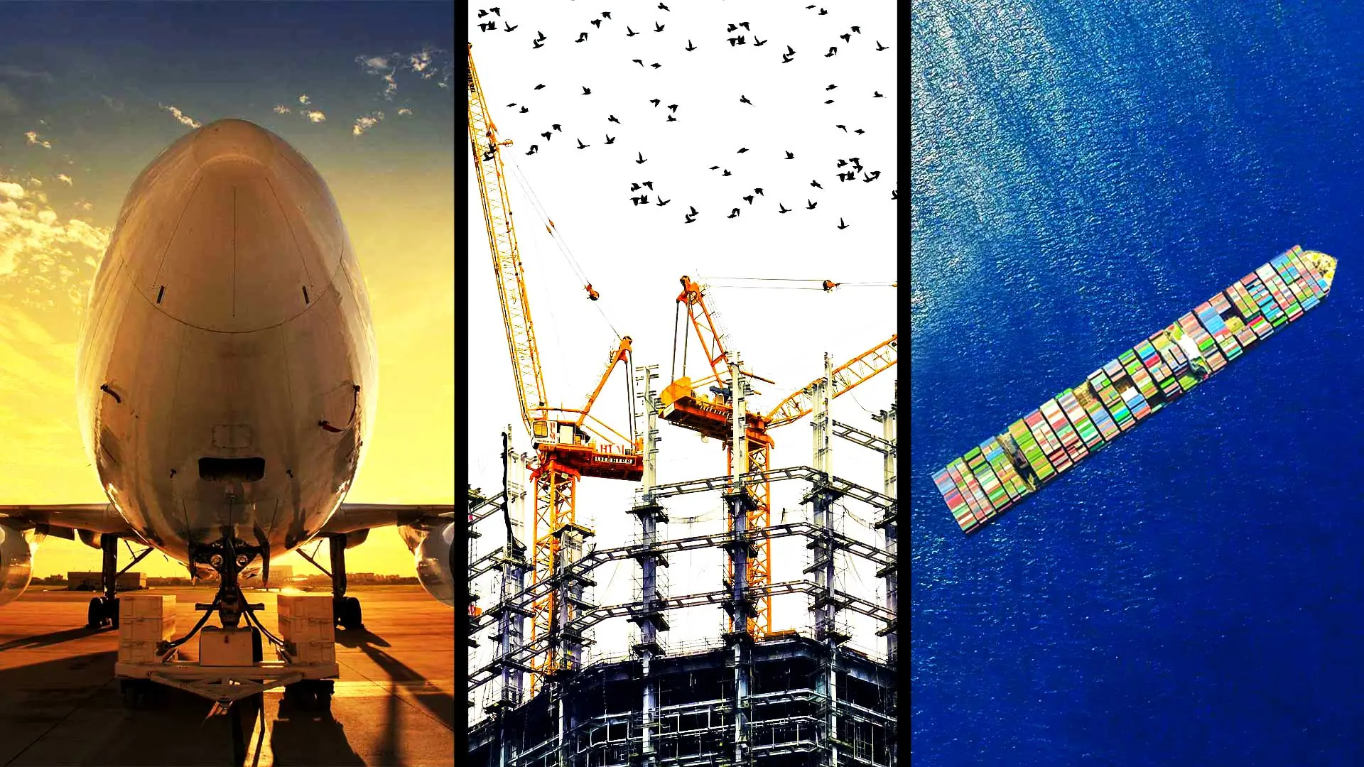 An aircraft, construction cranes and a container ship