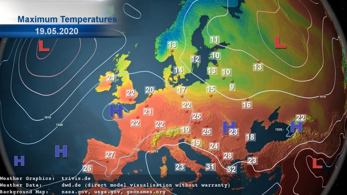 Weather map of Europe showing maximum temperatures for 19 May 2020, created with TriVis Weather Graphix