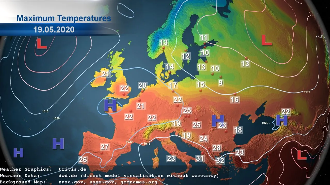 Weather map of Europe showing maximum temperatures for 19 May 2020, created with TriVis Weather Graphix