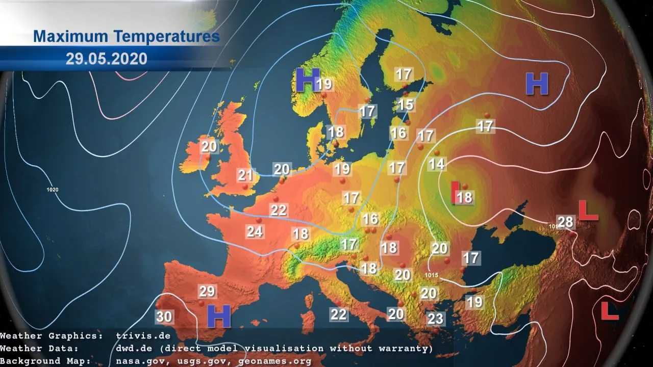 askMeteo weather map of Europe showing maximum temperatures