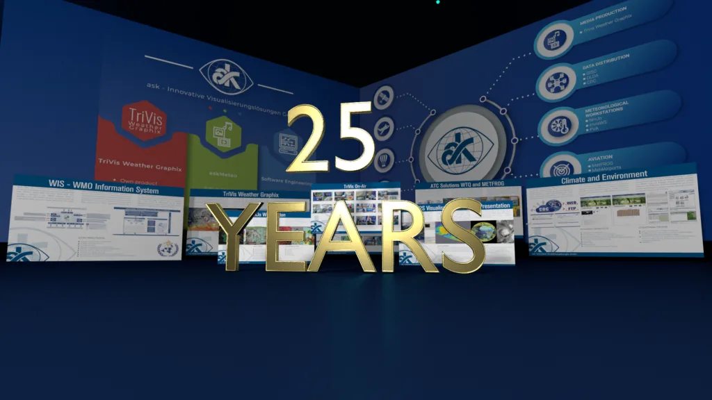 Golden “25 years” lettering in front of a virtual exhibition stand with the ask logo