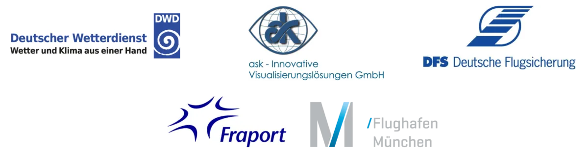Logos of the Met4Airports partners: Deutscher Wetterdienst, ask, DFS Deutsche Flugsicherung, Fraport and Flughafen München
