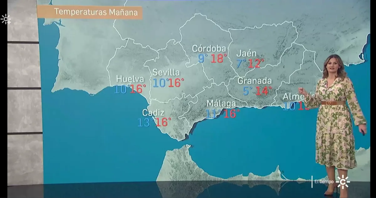 CanalSur weather presenter in front of a TriVis map of minimum and maximum temperatures in Andalusia