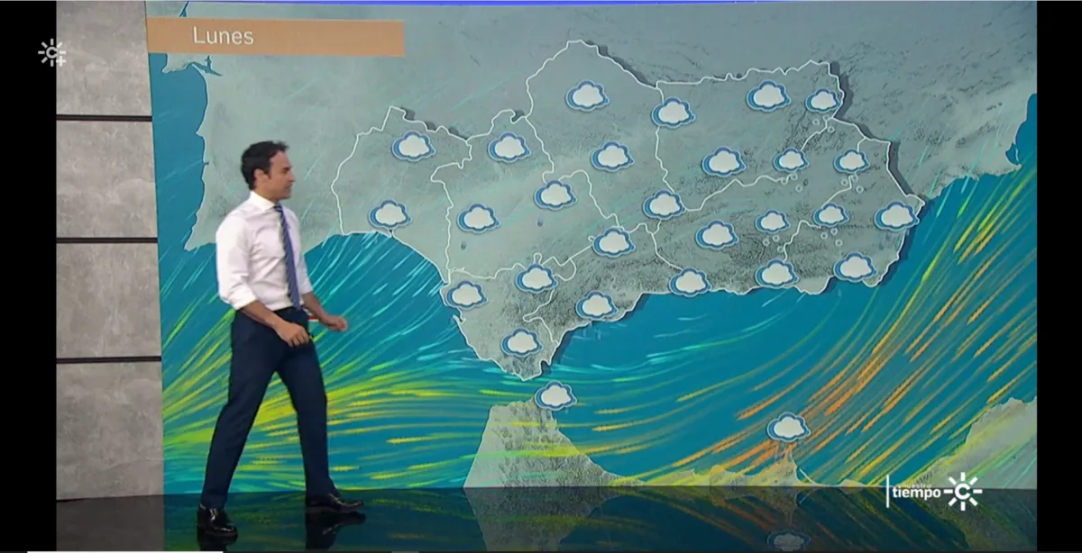 CanalSur weather presenter in front of a TriVis wind map of Andalusia