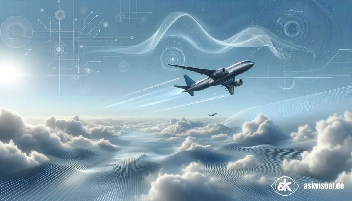 Passenger aircraft flying above the clouds with stylised data streams, Met4Airports project illustration