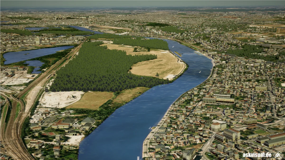 Photorealistic 3D city model with a river, roads and forest created with geospatial data