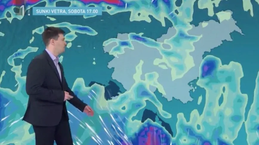 RTV Slovenia weather presenter in front of a TriVis wind map