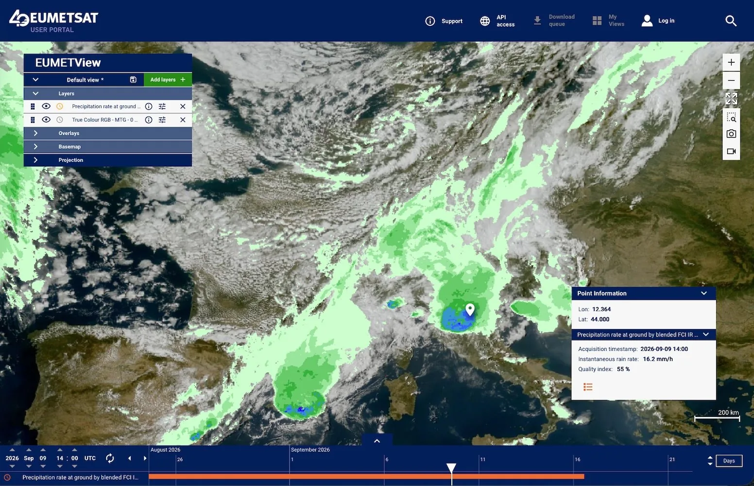 EUMETView map viewer showing the H-SAF H40 precipitation estimate over Europe on a satellite image