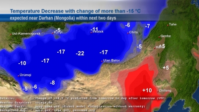 Temperature decrease weather map of Mongolia